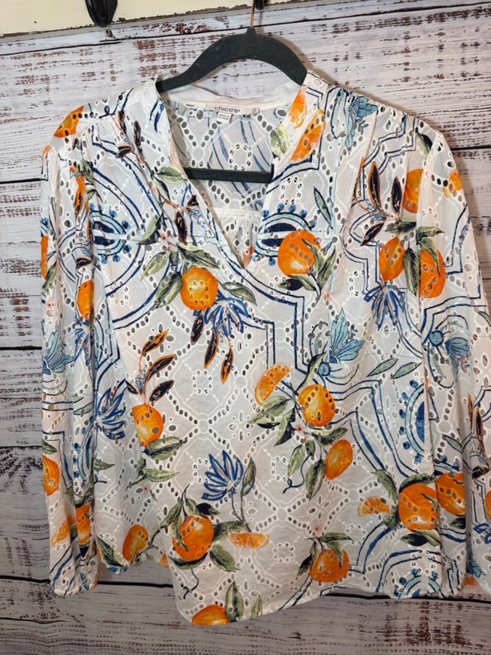 Chico's White Eyelet Blouse with Orange and Blue Floral Fruit Print